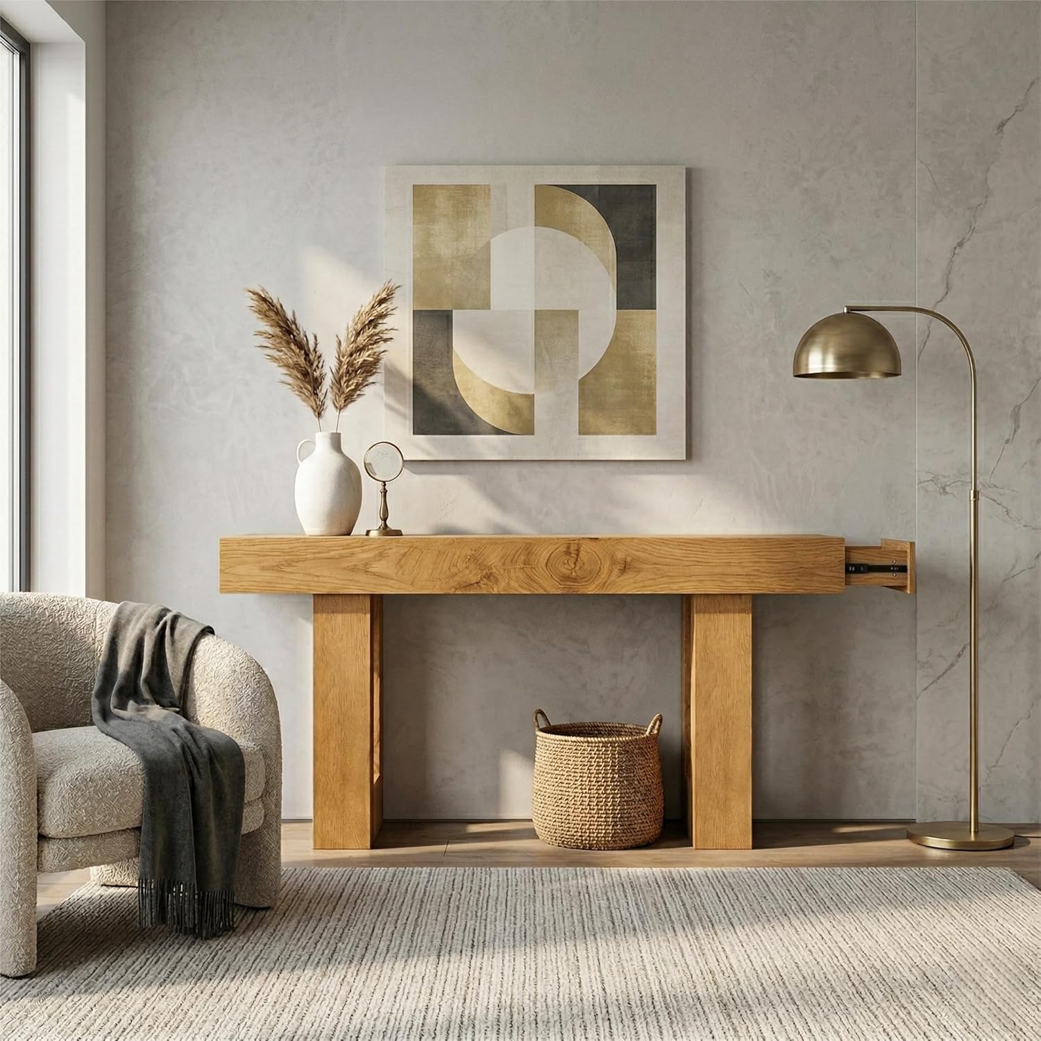 FURSUN 63" Farmhouse Console Table with Drawers, Narrow Sofa Table Behind Couch, Slim Entryway Table with Storage for Hallway, Living Room, Natural Oak