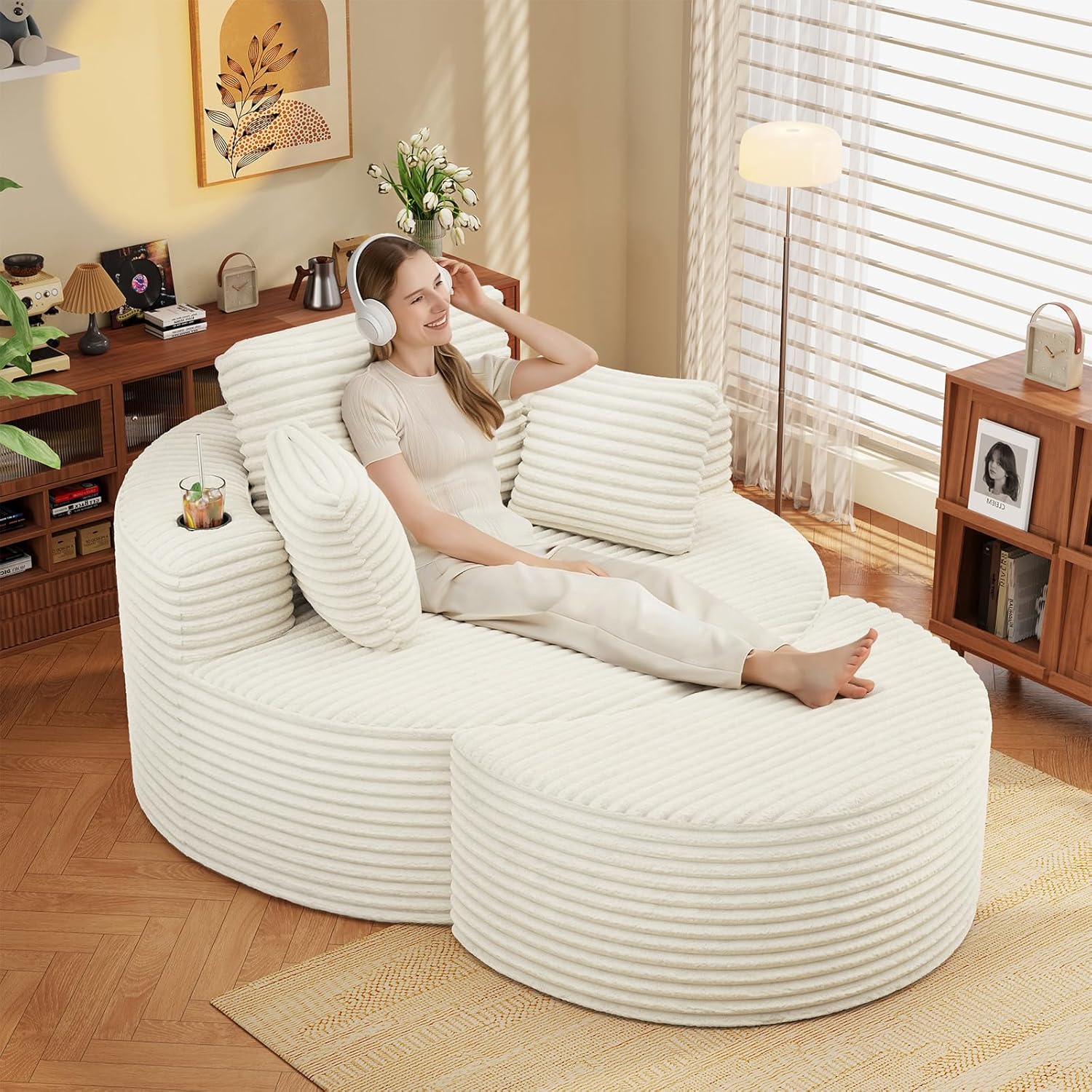 Round Chaise Lounge with Ottoman, Boneless Cloud Corduroy Curved Reading Lounge Sofa Chair with Cup Holders, Circle Memory Foam Chaise Chair and Ottoman Set for Study, Living Room, Sunroom, Beige