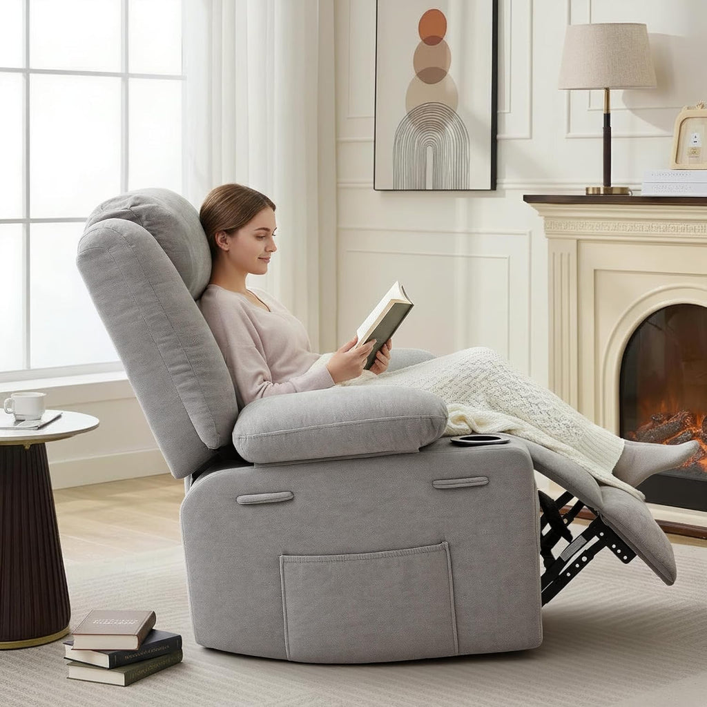 Swivel Rocker Recliner Chair, Manual Recliner Single Sofa with Cup Holders and Side Pocket, Chenille Fabric, Upholstered Nursery Rocking Chair for Living Room, Bedroom, Grey