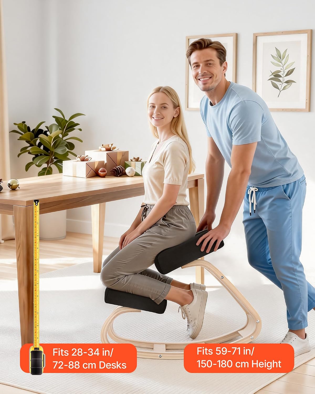VEVOR Ergonomic Kneeling Chair, Wooden Posture Knee Chair with Thick Foam Cushions and Solid Wood Frame, Adjustable Height, Natural Relief for Neck or Back Pain, Ideal for Home, Office or Meditation