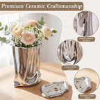 Silver Ceramic Flower Vase and Trinket Tray Set Crinkle Paper Shape Modern Decorative Vase and Cloud Jewelry Dish for Vanity Bedroom Living Room Chrome Home Decor Accents
