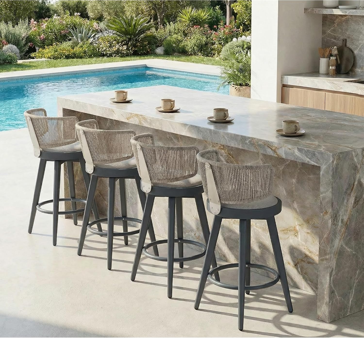 PURPLE LEAF Outdoor Bar Stools Set of 4 30 Inch Patio Swivel Bar Stool Chairs with Ergonomic Back Outdoor Aluminum Barstools for Porch Garden Indoor Kitchen, Grey