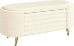 Modern Oval Chenille Storage Ottoman Bench, Beige Upholstered Cushioned Storage Bench with Sturdy Metal Legs, Large Hidden Interior Storage, Multi-Functional End of Bed Shoe Bench