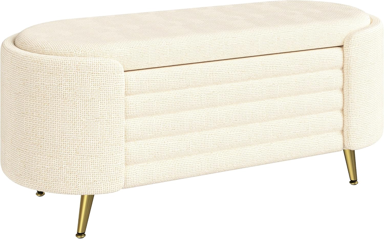 Modern Oval Chenille Storage Ottoman Bench, Beige Upholstered Cushioned Storage Bench with Sturdy Metal Legs, Large Hidden Interior Storage, Multi-Functional End of Bed Shoe Bench