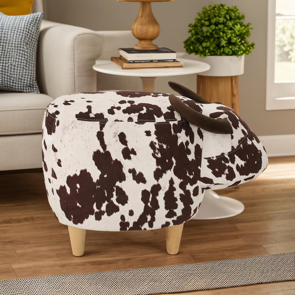 Brown and White Velvet Cow Shaped Ottoman, Cute Wood Foot Stool Shoes Changing Seat with Cushioned for Adult Living Room, Bedroom, Nursery Gameroom, Playroom, Porch Furniture