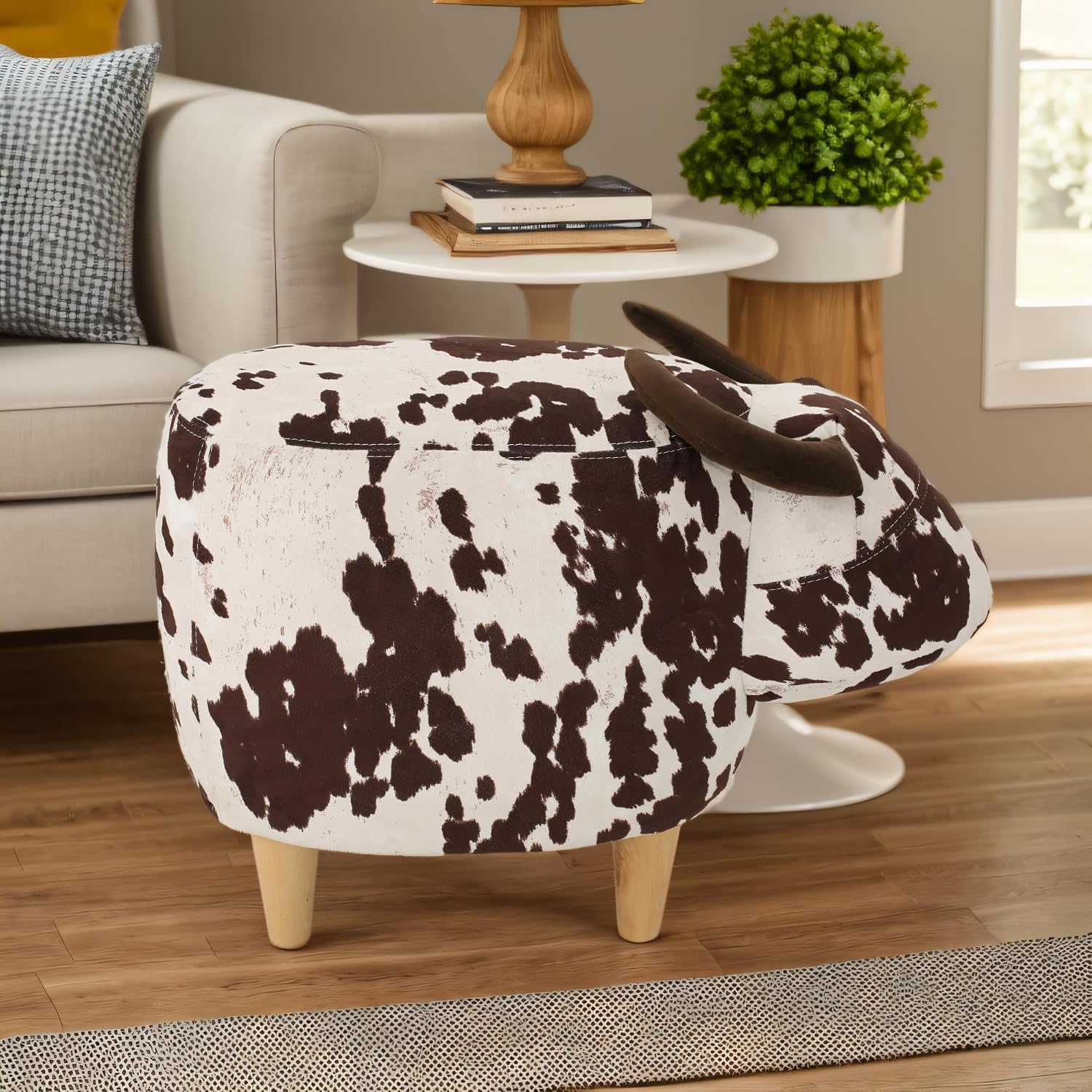 Brown and White Velvet Cow Shaped Ottoman, Cute Wood Foot Stool Shoes Changing Seat with Cushioned for Adult Living Room, Bedroom, Nursery Gameroom, Playroom, Porch Furniture