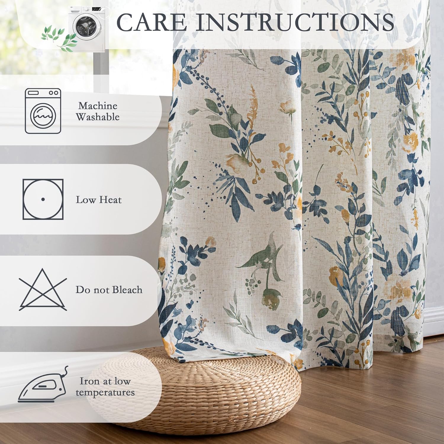 MYSKY HOME Floral Kitchen Curtains 24 Inch Length Linen Tier Curtains Farmhouse Blue Flower Patterned Small Window Treatments Airy Light Filtering Rod Pocket for Bathroom 2 Panels, Each 26" W
