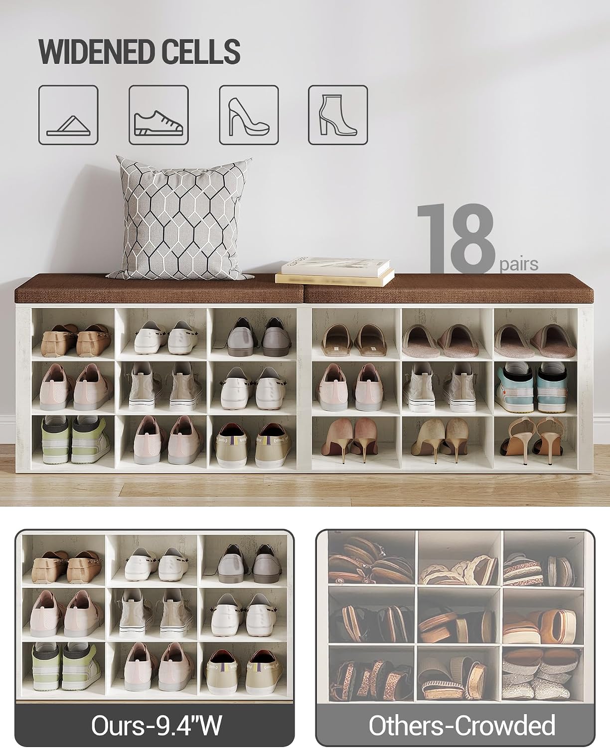 Hzuaneri Shoe Storage Bench with Cushion, Entryway Storage Bench with 18 Cubbies, 9.5" Widened Organizer Cabinet, Long Cubby Rack for Living Room, Bedroom, Entryway, White and Brown SB25714KA