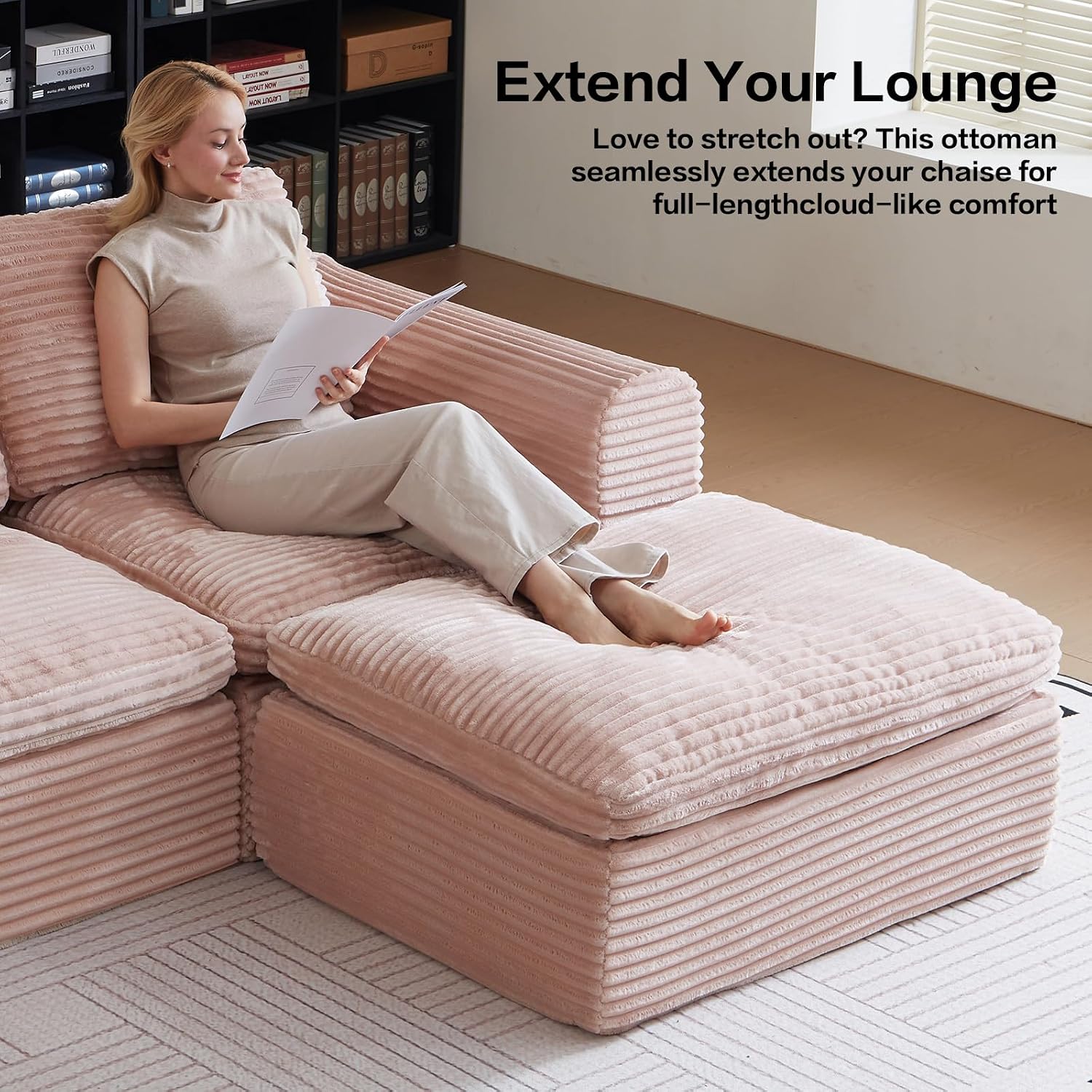 38.7" Plush Corduroy Ottoman, Upholstered Cloud Ottoman for Boneless Couch in a Box,Oversize Poufs for Living Room & Bedroom Sofa Ottoman,Comfy Seating with Dense Foam Padding,Pink