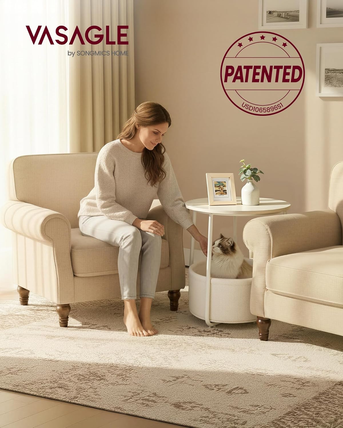 VASAGLE LILEA Collection - Small Round Side End Table, Modern Nightstand with Fabric Basket, for Living Room, Bedroom, Set of 2, Cream White ULET225LL01S