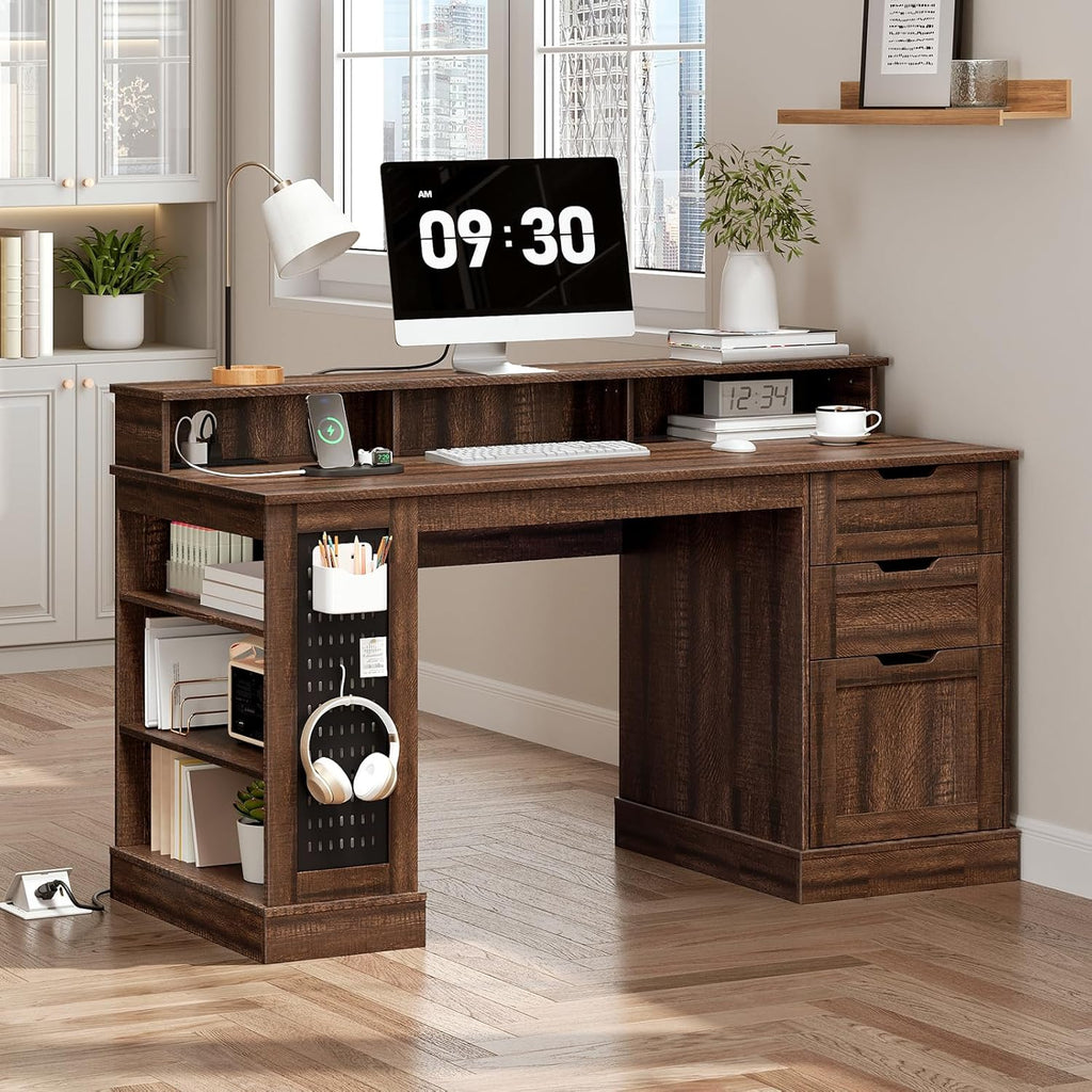 55inch Farmhouse Executive Desk with 2 Drawers and File Cabinet, Computer Desk with 3-Tier Storage Shelves, Home Office Desk with Charging Station, Pegboard and Monitor Shelf, Brown