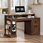 55inch Farmhouse Executive Desk with 2 Drawers and File Cabinet, Computer Desk with 3-Tier Storage Shelves, Home Office Desk with Charging Station, Pegboard and Monitor Shelf, Brown