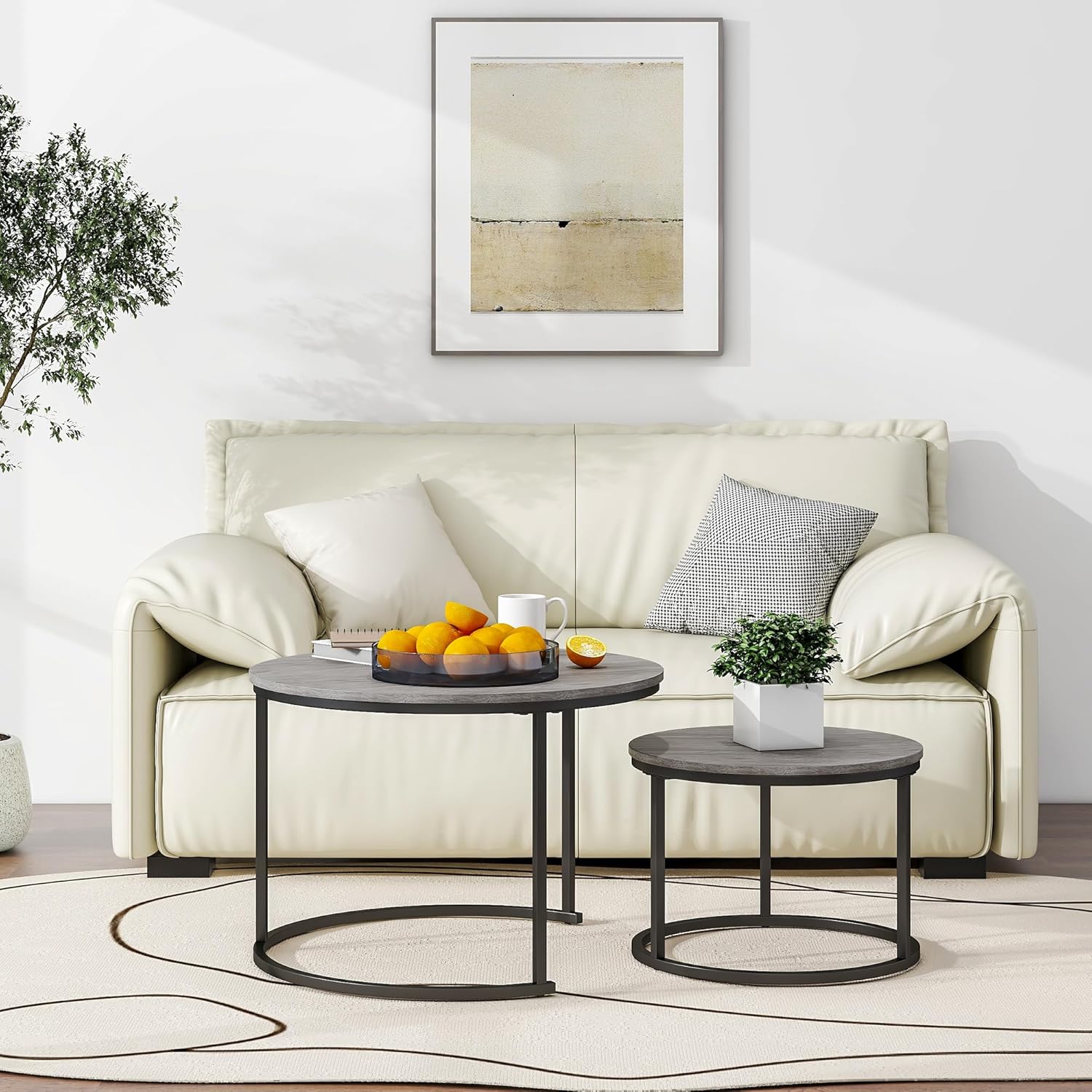 HOJINLINERO Round Coffee Table,Nesting Coffee Table Set of 2,Center Tables for Living Room,Office, Home Small Space,Stacking Side Tables,Sturdy and Easy Assembly,Wood Desktop,Black+Warm Grey,Large