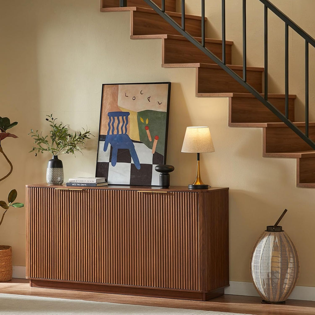 VMU 63" Fluted Sideboard Buffet Cabinet with Storage, Walnut Modern Wood Credenza Media Console with 4 Doors, Mid Century Sideboard for Living Room Kitchen Entryway