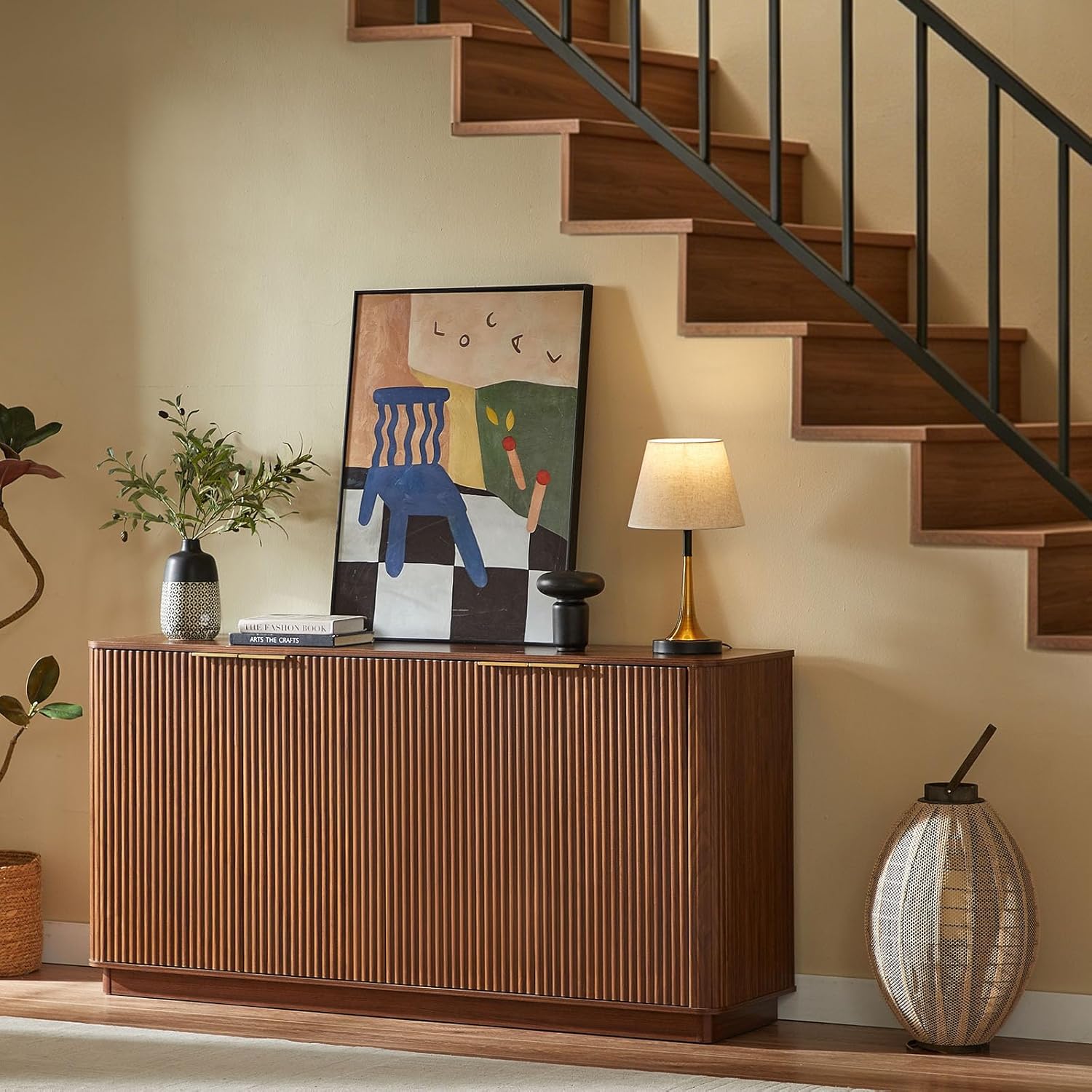 VMU 63" Fluted Sideboard Buffet Cabinet with Storage, Walnut Modern Wood Credenza Media Console with 4 Doors, Mid Century Sideboard for Living Room Kitchen Entryway