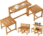 Tangkula 3-in-1 Convertible Bench Bar Table, Space-Saving Patio Convert A Bench with Balcony Plant Rack Design, Outdoor Folding Table and Chairs Set for Garden Porch & Backyard