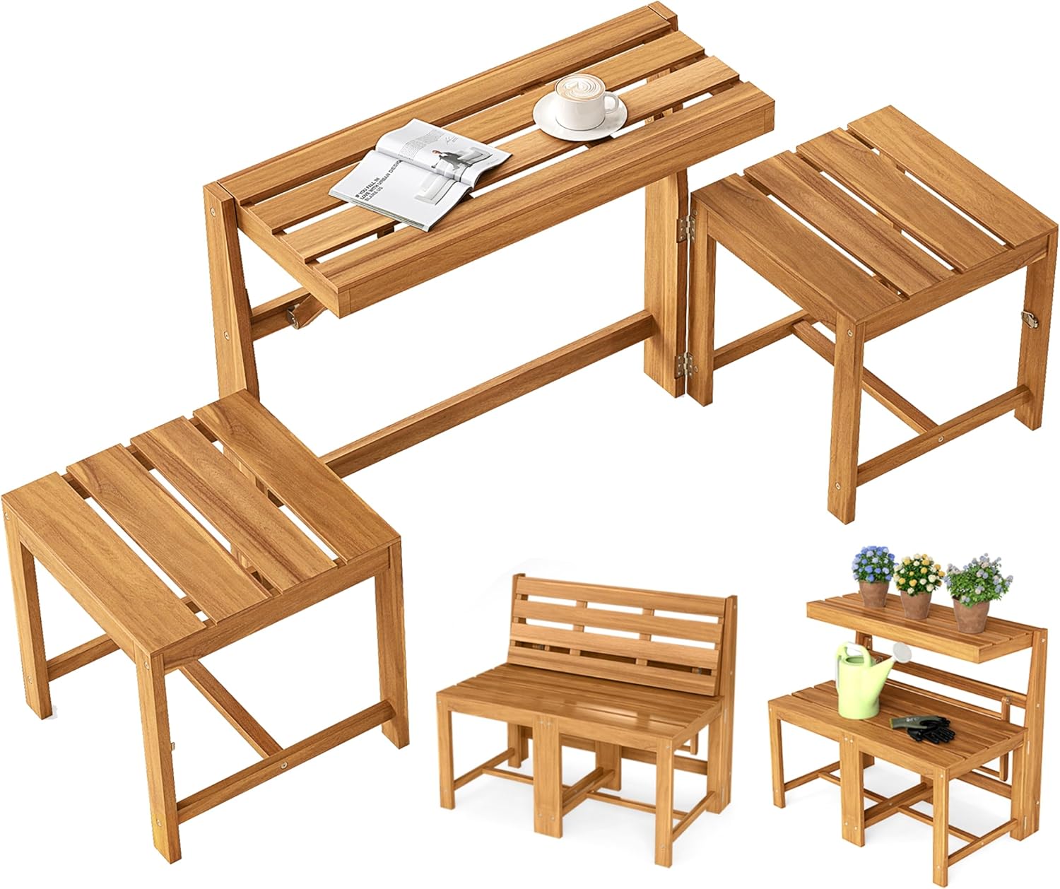 Tangkula 3-in-1 Convertible Bench Bar Table, Space-Saving Patio Convert A Bench with Balcony Plant Rack Design, Outdoor Folding Table and Chairs Set for Garden Porch & Backyard