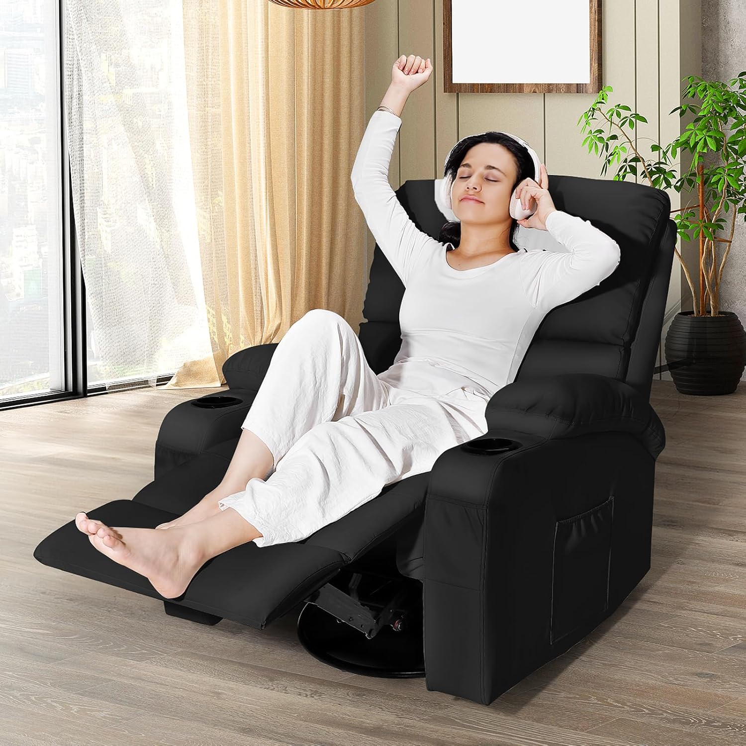 LAFWELL 360 Swivel Rocking Recliner Chair with Vibration Massage and Heat for Living Room, Bedroom, Nursery, RV, Faux Leather, Black