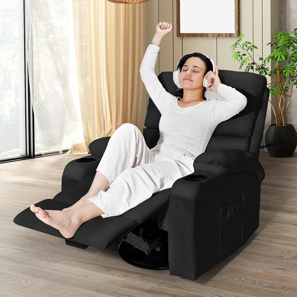 LEVELEVE Rocking Recliner Chair, Massage Rocker Recliner Chair with Vibration Massage and Heat, 360° Swivel Faux Leather Chairs, Living Room, Bedroom, Nursery, RV, Black