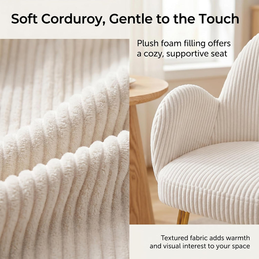 Corduroy Dining Chairs Set of 4, Ergonomic Curved Backrest Armchair with Gold Legs, Elegant Ribbed Upholstery Side Chairs for Glam Living Room & Dining, Cream White