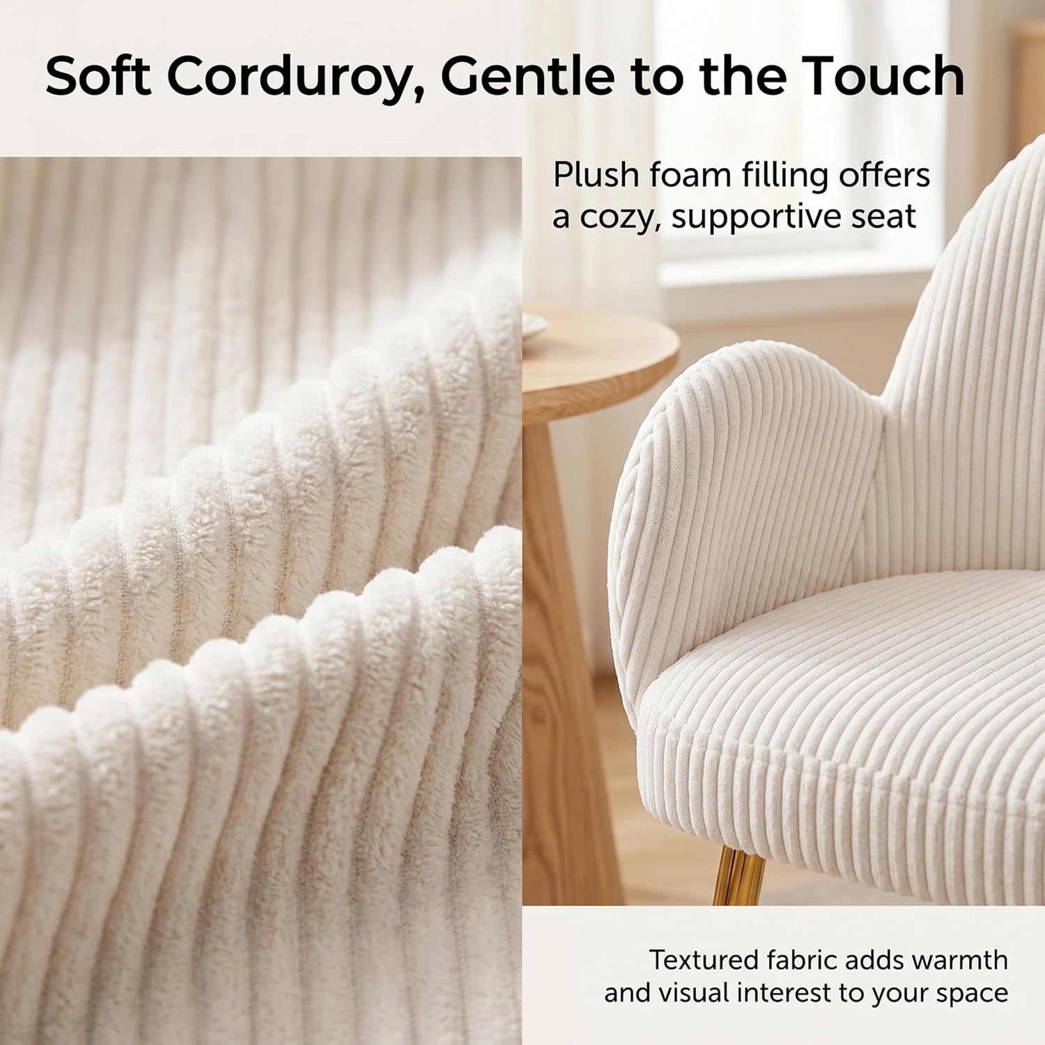Corduroy Dining Chairs Set of 4, Ergonomic Curved Backrest Armchair with Gold Legs, Elegant Ribbed Upholstery Side Chairs for Glam Living Room & Dining, Cream White