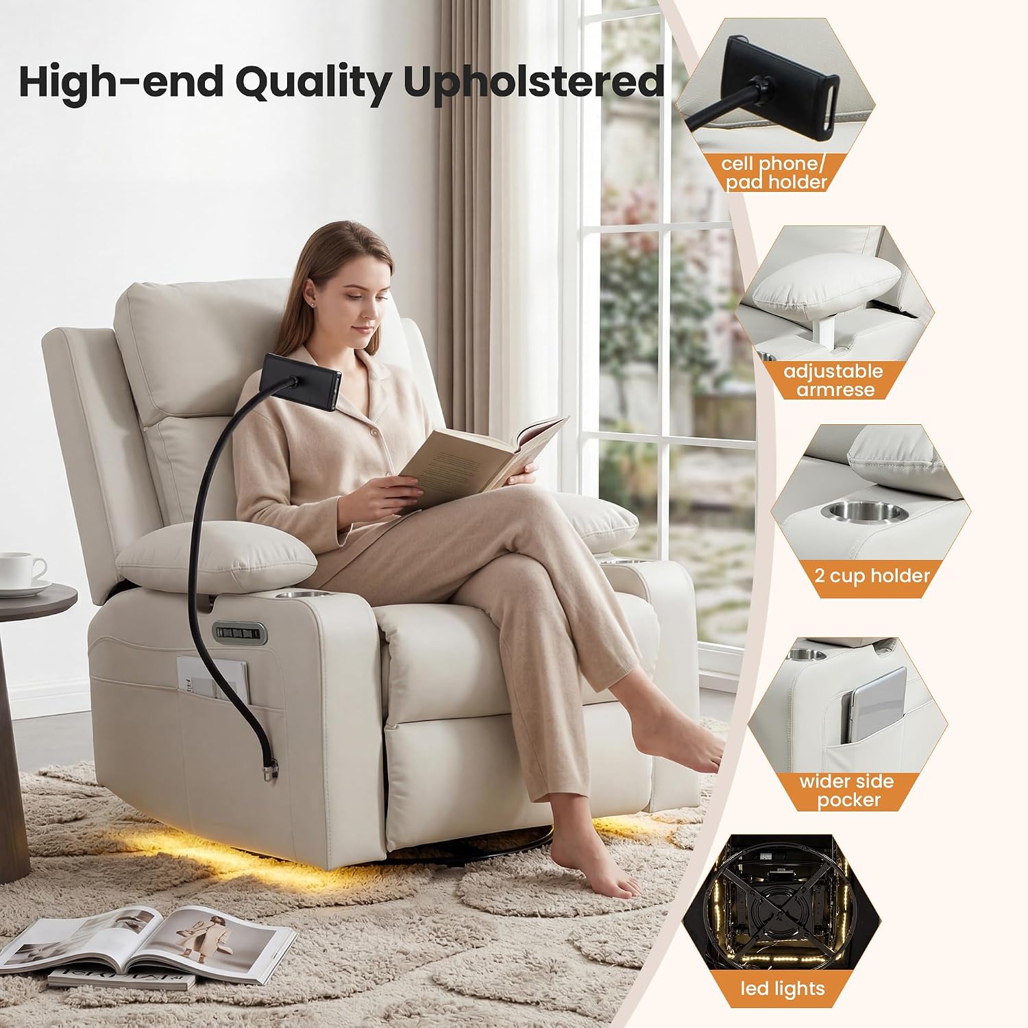FiveWillowise Power Rocking Chair Nursery with Adjustable Armrests, Beige | Glider Rocking Chair with Adjustable Headrest and Electric Lumbar Support, Nursing Chair with USB Charging, Cup Holder, Light