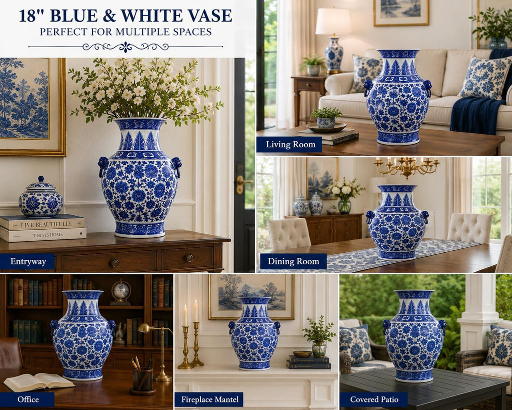 16“ Classic Blue and White Floral Porcelain Vase, Double Lion Head Ears Ceramic China Ming Style