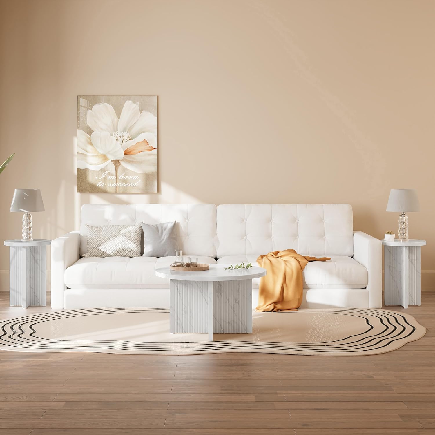 LEVNARY 2-Piece Round Coffee Table Set, 31.5" Coffee Table & 15.78" End Table, Marble-Look Top, Scalloped Fluted Base, Modern Living Room Table Set with Engineered Wood (White)