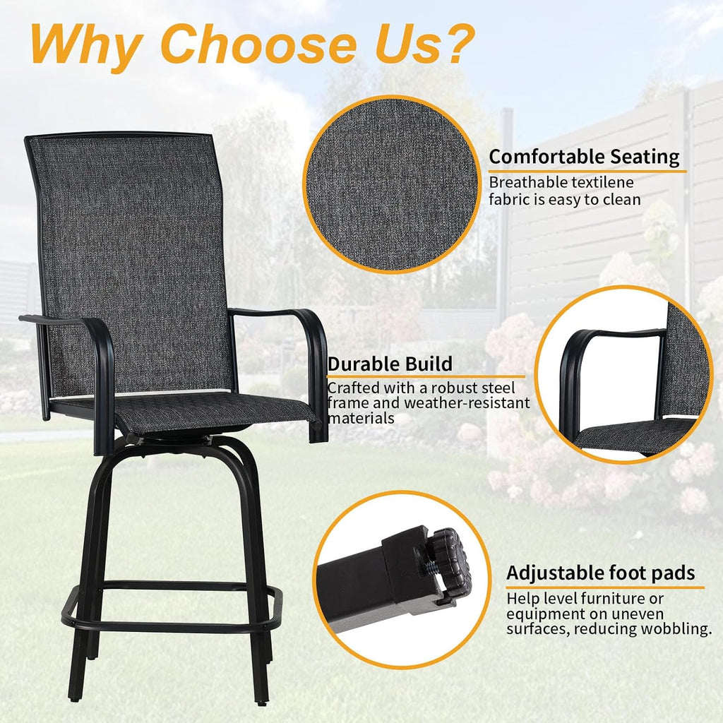 SHGJ&SOFT Outdoor Swivel Patio Bar Stools Set of 2, Bar Height Chairs, Rotating Patio Bar Stools, High Top Patio Chairs Durable Textilence Fabric for Outside,Lawn,Garden,Balcony (Dark Gray, Set of 2)