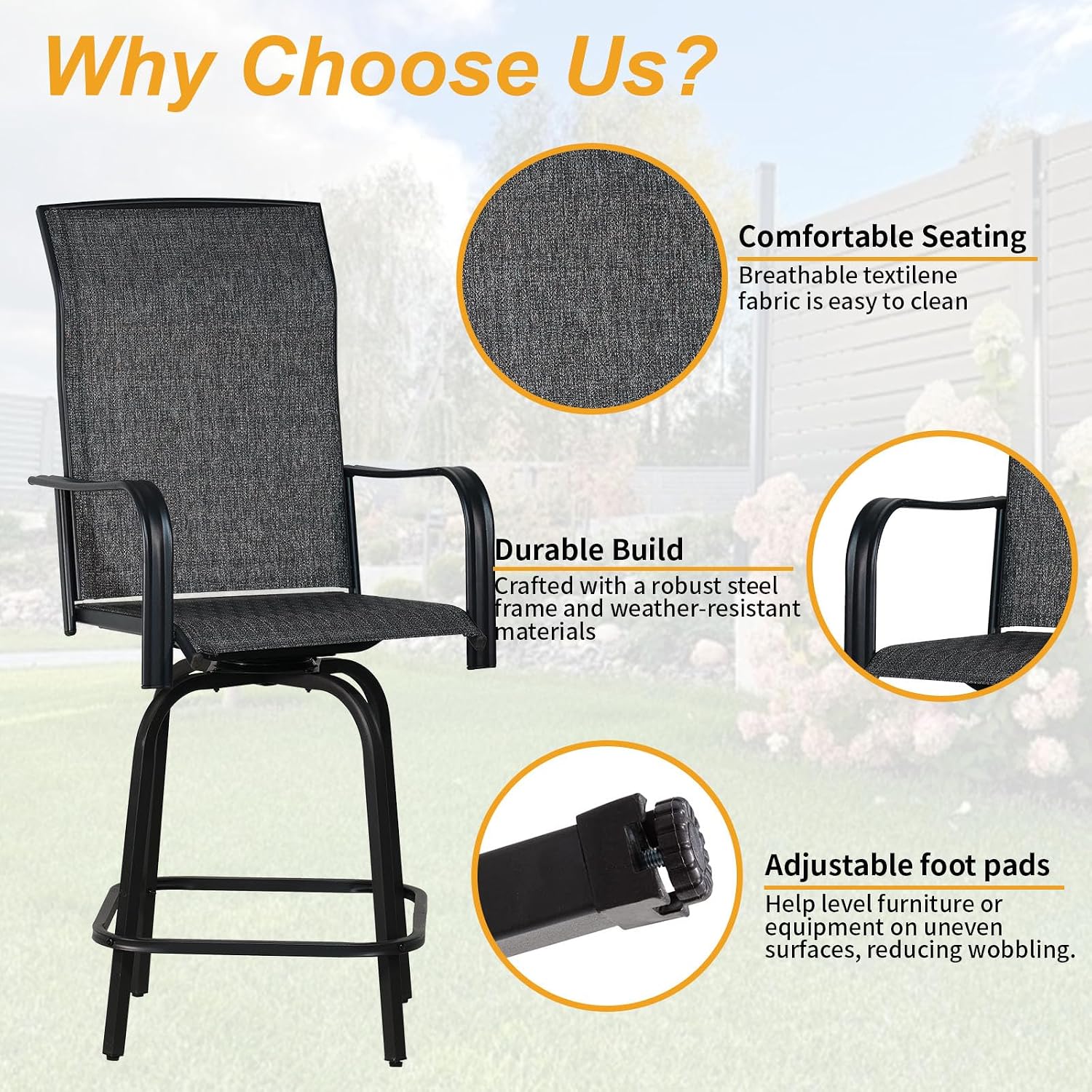 SHGJ&SOFT Outdoor Swivel Patio Bar Stools Set of 2, Bar Height Chairs, Rotating Patio Bar Stools, High Top Patio Chairs Durable Textilence Fabric for Outside,Lawn,Garden,Balcony (Dark Gray, Set of 2)