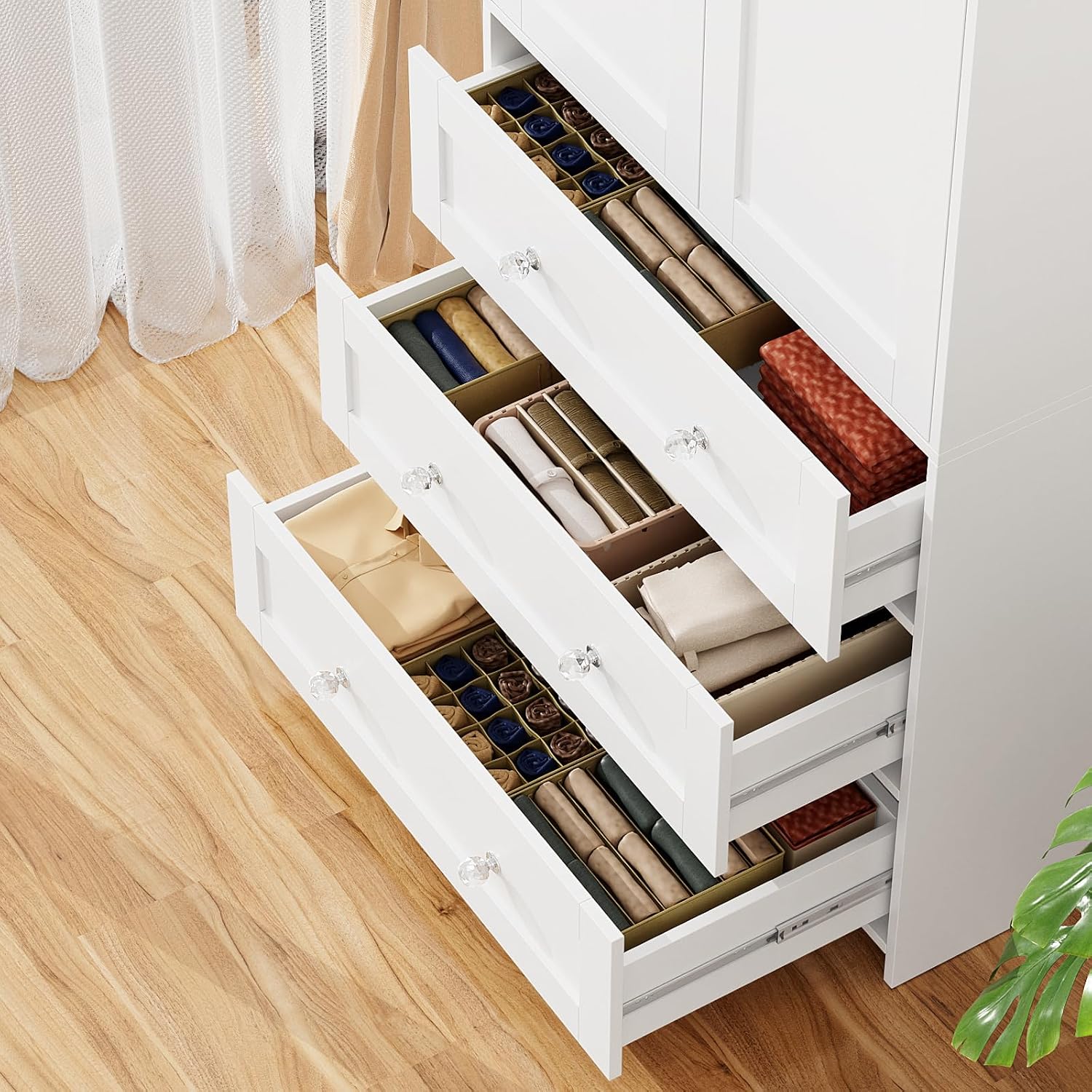 VOWNER 71" Tall Armoire Wardrobe Closet with Drawers and Mirror | Clothing Storage Cabinet with Hanging Rod, 2 Doors Wooden Wardrobe Cabinet for Bedroom, Large Capacity Storage (White)