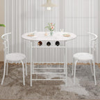VECELO 3-Piece Dining Table Set for Kitchen Breakfast Nook, Faux Marbled Oval Tabletop and Metal Frame with Built-in Wine Rack, for Small Spaces, White