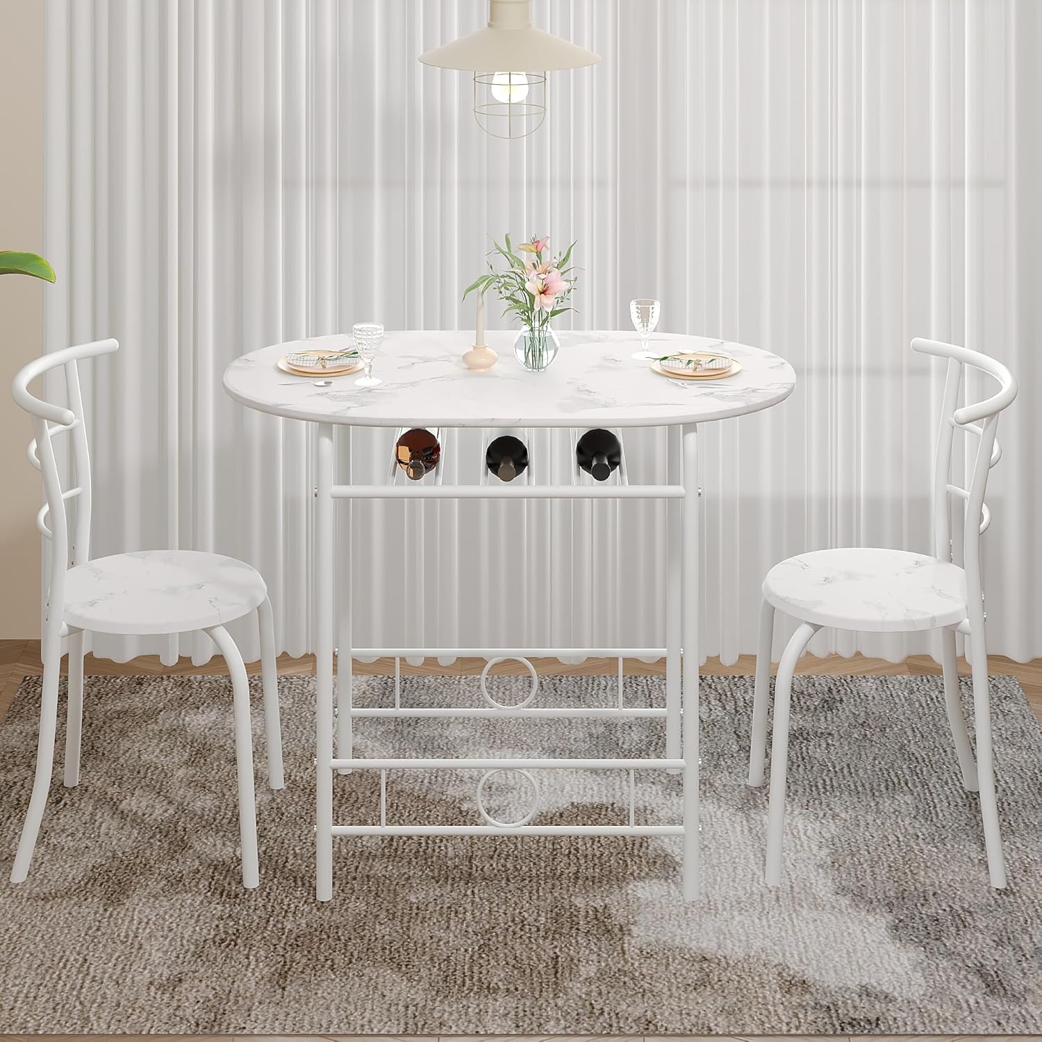 VECELO 3-Piece Dining Table Set for Kitchen Breakfast Nook, Faux Marbled Oval Tabletop and Metal Frame with Built-in Wine Rack, for Small Spaces, White