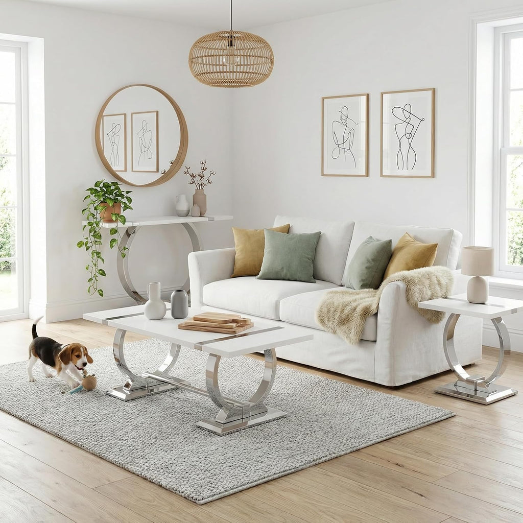 Asday 23.6" White and Silver End Table, Modern Side Table with Glossy Wooden Top and Stainless Steel U-Shaped Base, Accent Table for Living Room, Bedroom, Lounge