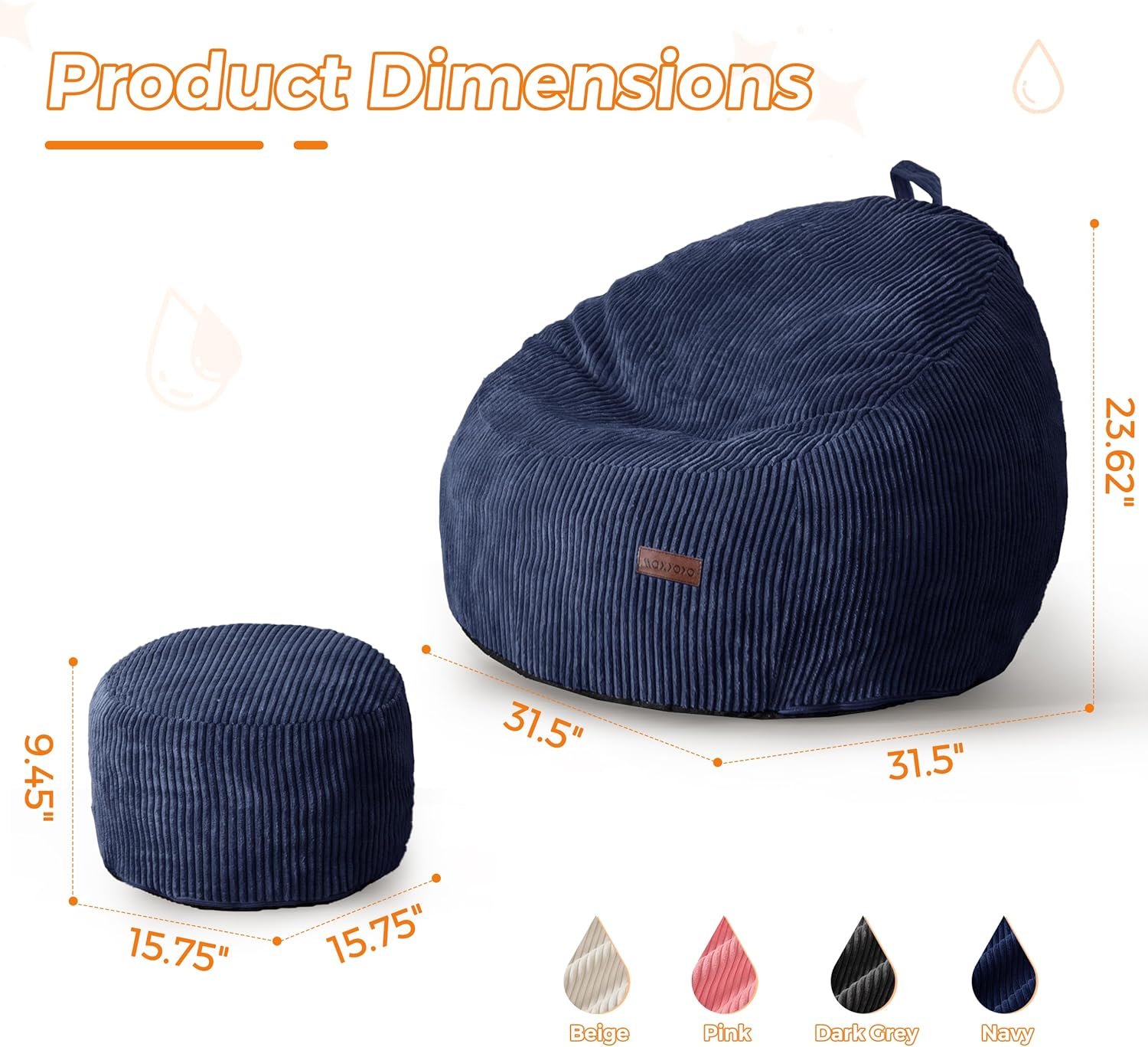 MAXYOYO Kids Bean Bag Chair with Ottoman, Soft Plush Bean Bag Sofa with Removable Cover for Boys and Girls, Convenient Floor Seat with Handle, Comfy Toddler Lounge Chair for Playroom, Bedroom, Navy