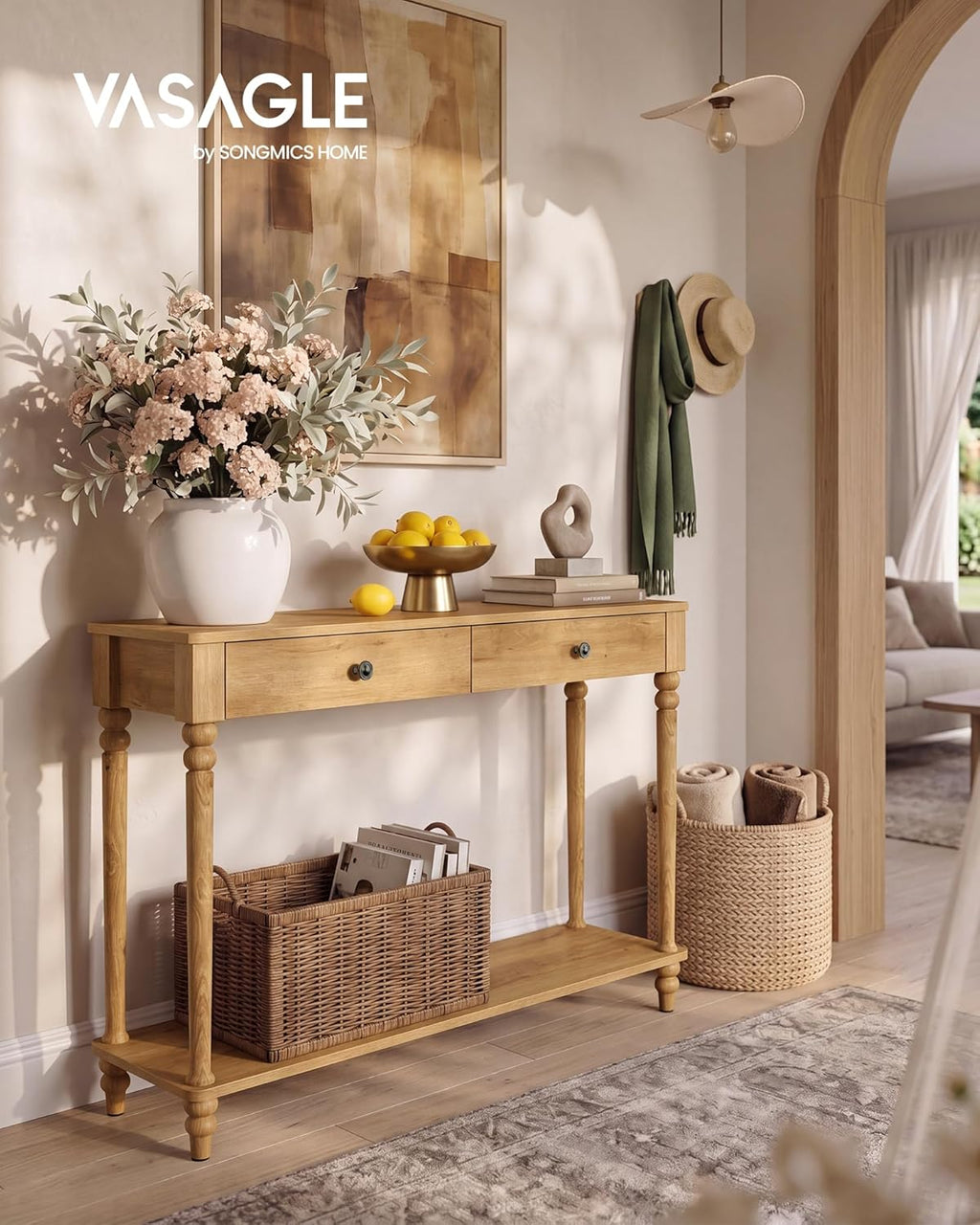 VASAGLE Mariel Collection - Console Table, Narrow Entryway Sofa Table with Drawers and Shelf, Solid Wood Legs, Mid-Century Modern, for Hallway Doorway Living Room, Natural Brown ULNT139K301S