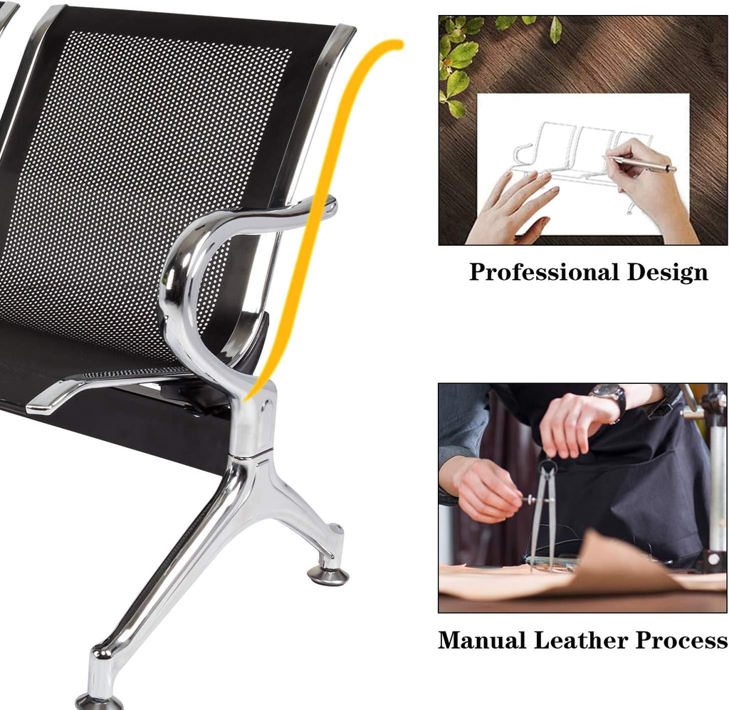 3-Seat Waiting Room Chairs - Waiting Room Bench with Arms Airport Reception Bench Guest Reception Chairs Lobby Bench Waiting Area for Airport Market Bank Hospital School Barbersho, Black