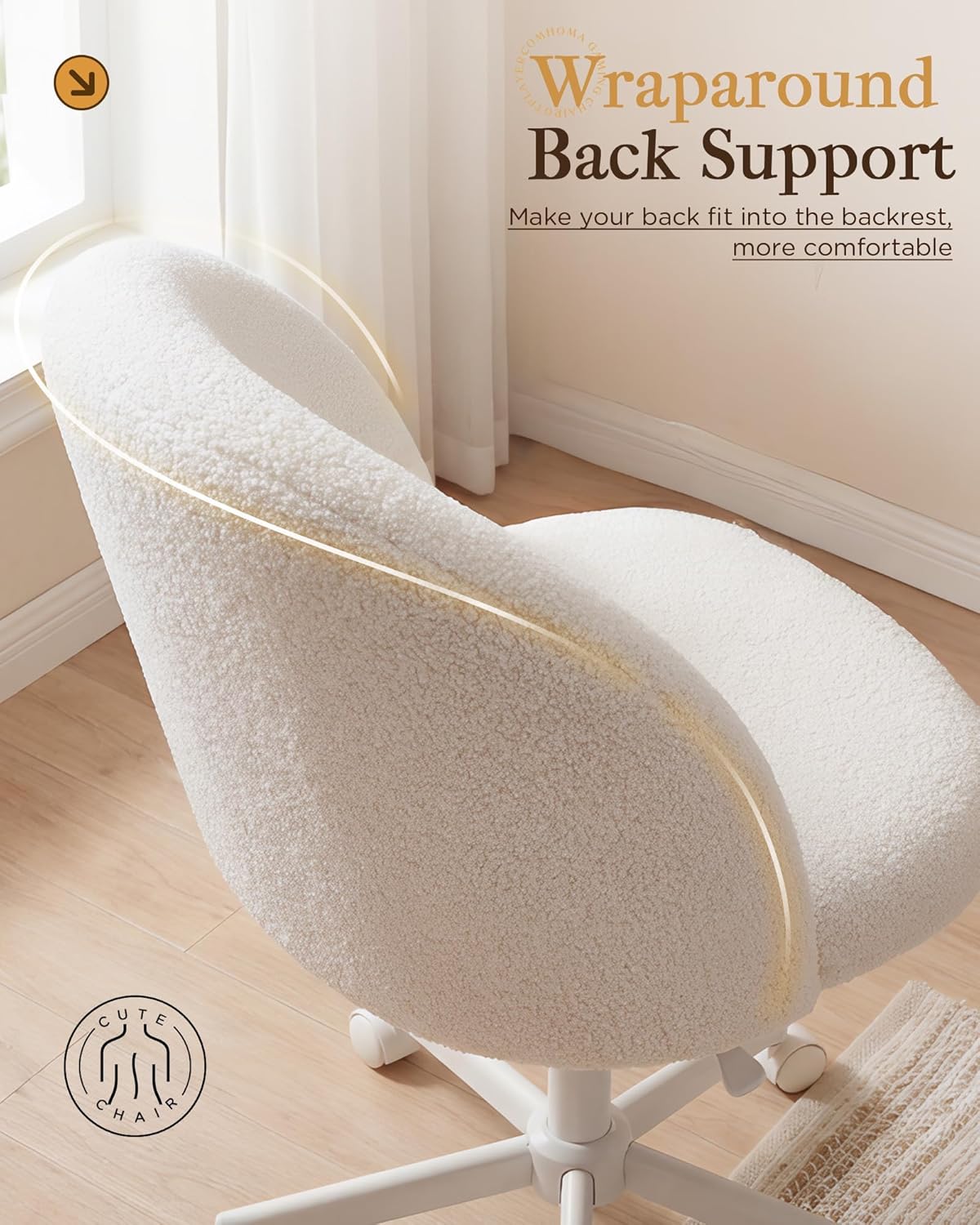 COMHOMA Vanity Chair with Wheels Velvet Tall Office Chair with Back,Armless Desk Chair Comfy Height Adjustable, Soft Lumbar Support for Girls Bedroom Home Vanity Bow Pillow for Gift,White