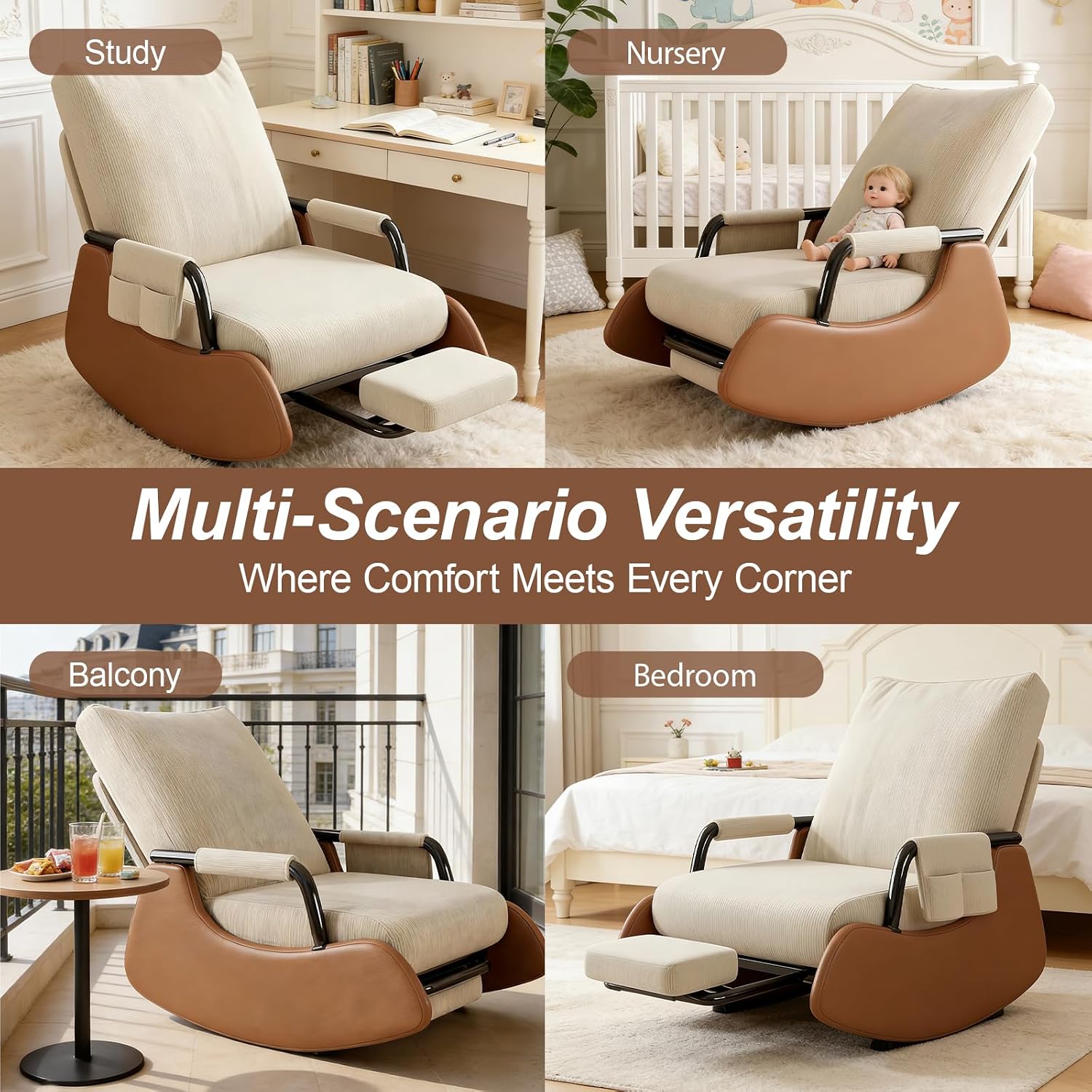 Rocking Chair Nursery, Comfortable Upholstered Recliner Rocker with Foot Rest, Side Pocket and Adjustable High Backrest, Soft Corduroy Modren Rocking Chair Living Room Bedroom, Beige