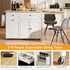 ONBRILL Kitchen Islands with Extendable Dining Table, 81.7" Mobile Kitchen Storage Islands, Rolling Kitchen Cart with Trash Cabinet, Power Outlet, Spice Rack & Towel Rack, White