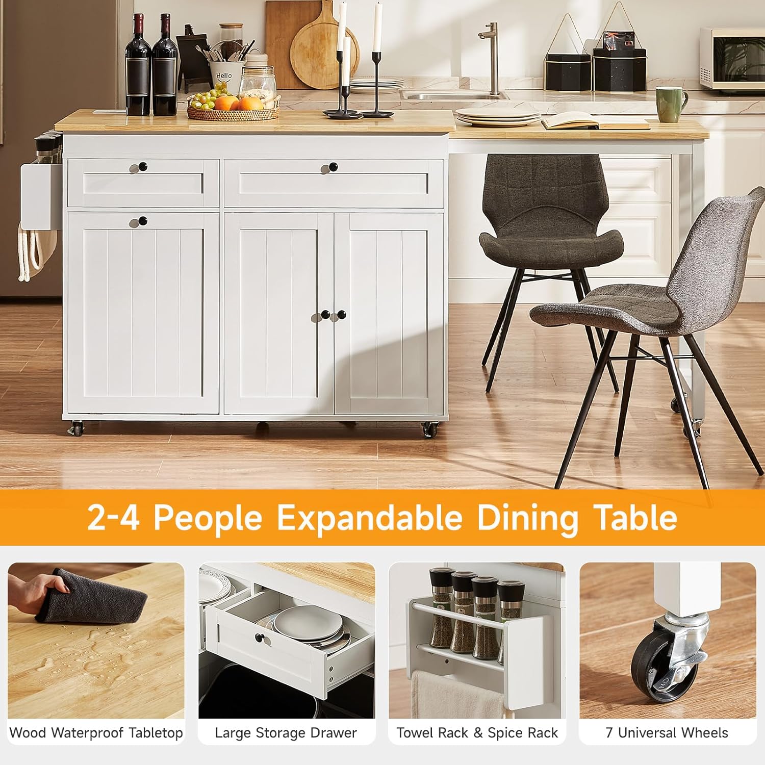 ONBRILL Kitchen Islands with Extendable Dining Table, 81.7" Mobile Kitchen Storage Islands, Rolling Kitchen Cart with Trash Cabinet, Power Outlet, Spice Rack & Towel Rack, White