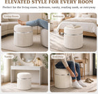 Round Storage Ottoman Set of 2 - White Ottoman with Storage for Living Room - Velvet Vanity Stool and Footrest - Round Nesting Ottoman Stools for Bedroom Makeup Area - Hidden Storage