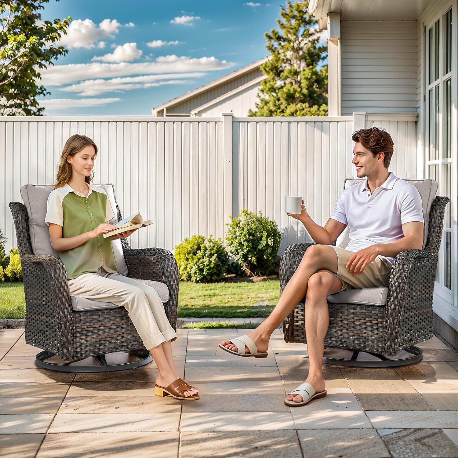 Outdoor Swivel Rocker Patio Chairs with 2 Ottomans - 5" Thick Cushion 4 Piece Furniture Set All Weather Comfortable Wicker Conversation Set for Porch Poolside and Deck - Brown/Beige
