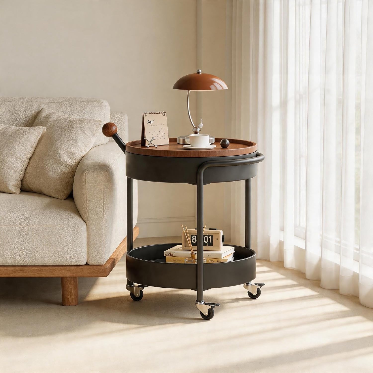 Mid-Century Modern Round Side Table, 2-Tier Mobile Sofa End Table with Rotatable Expandable Solid Wood Tabletop, Metal Frame Rolling Nightstand with Wheels for Living Room Bedroom，Black & Walnut