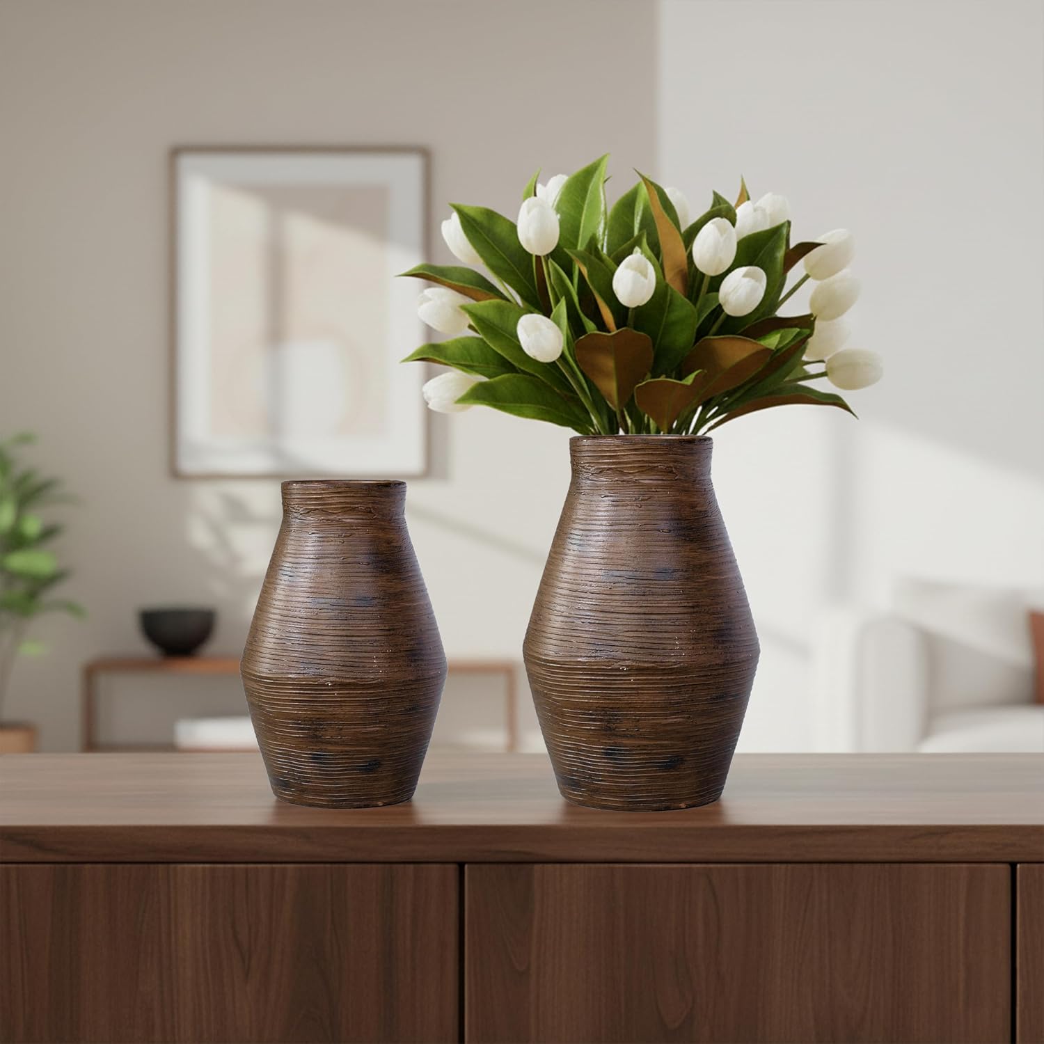 Brown Ceramic Vase - 10 Inch Rustic Farmhouse Vases Home Decor, Decorative Pottery Flower Vase for Living Room, Table Centerpiece, Shelf Kitchen Mantel Decor