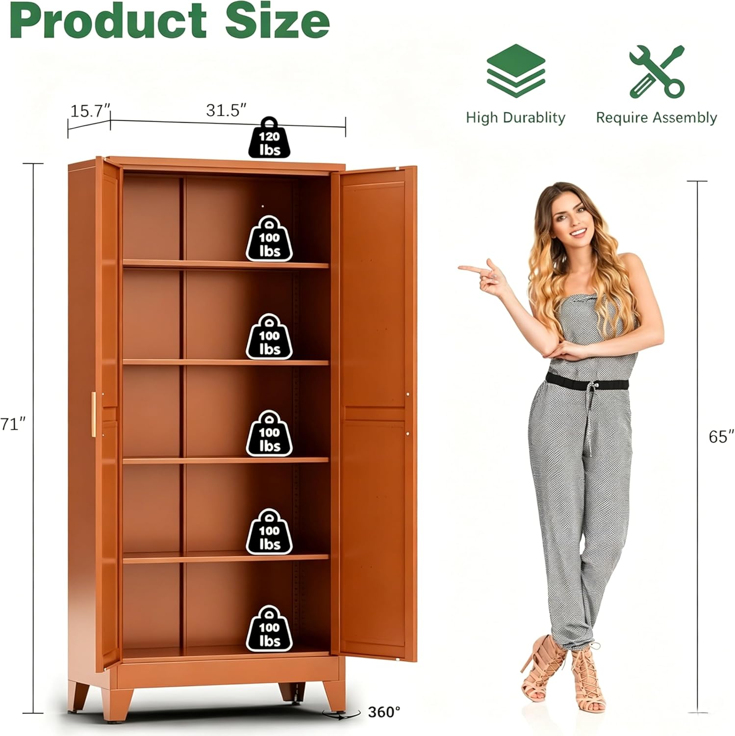 Bevivog Tall Rust Brown Storage Cabinet, 71" Metal Pantry Cabinet with 2 Doors and 4 Adjustable Shelves, Industrial Farmhouse Metal Pantry Cabinet for Kitchen Garage