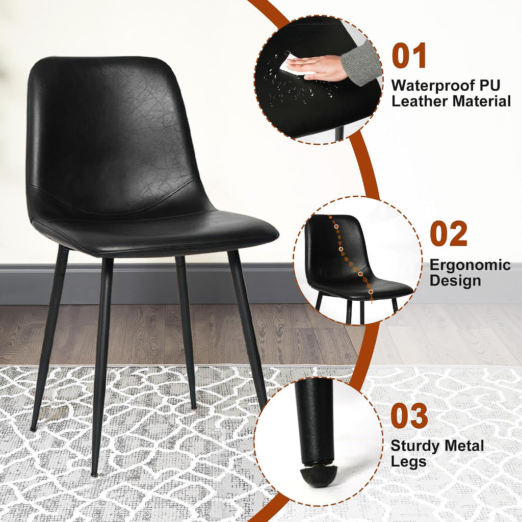 Black Dining Chairs Set of 4, Modern Faux Leather Upholstered Kitchen Side Chairs with Curved Back, Sturdy Metal Legs, for Dining Room, Living Room, Office, Black
