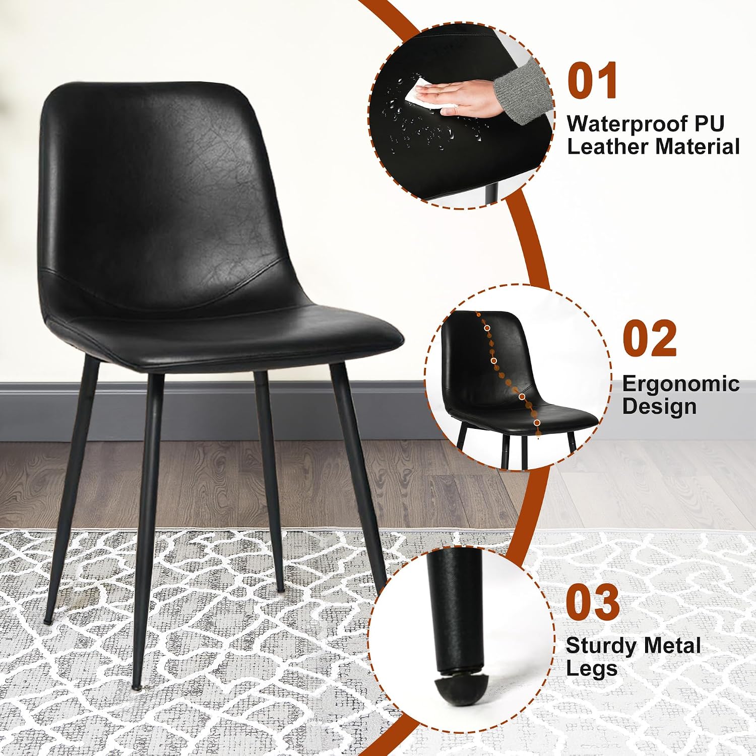 Black Dining Chairs Set of 4, Modern Faux Leather Upholstered Kitchen Side Chairs with Curved Back, Sturdy Metal Legs, for Dining Room, Living Room, Office, Black