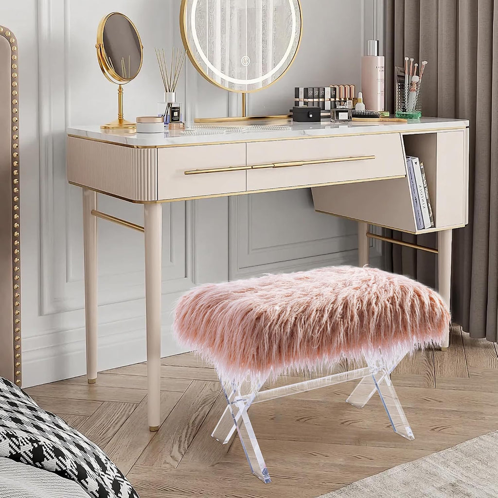 Glitzhome Ottoman Bench, Pink Faux Fur Ottoman Foot Rest, Modern Vanity Stool Chair with Acrylic Legs for Living Room Bedroom Entryway Makeup Bench End of Bed, 25.5" L