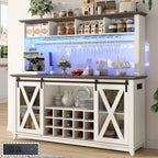 63"Wide 58"H Farmhouse Coffee Bar Cabinet with Power Outlet and LED Light,Wine Bar Cabinet w/ 4 Storage Hutch,Kitchen Buffet Cabinet with 15 Wine and Glass Racks for Kitchen Dining Room(Antique White)